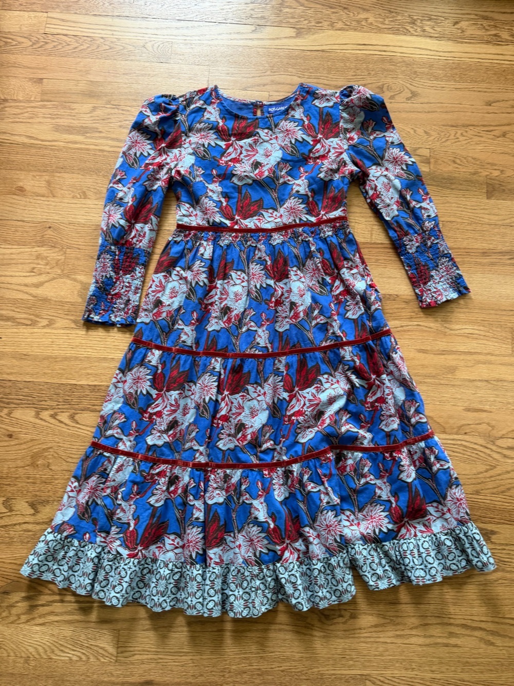 Ro’s Garden Blue Floral Tiered Midi Dress Smocked Long Sleeve Velvet Trim